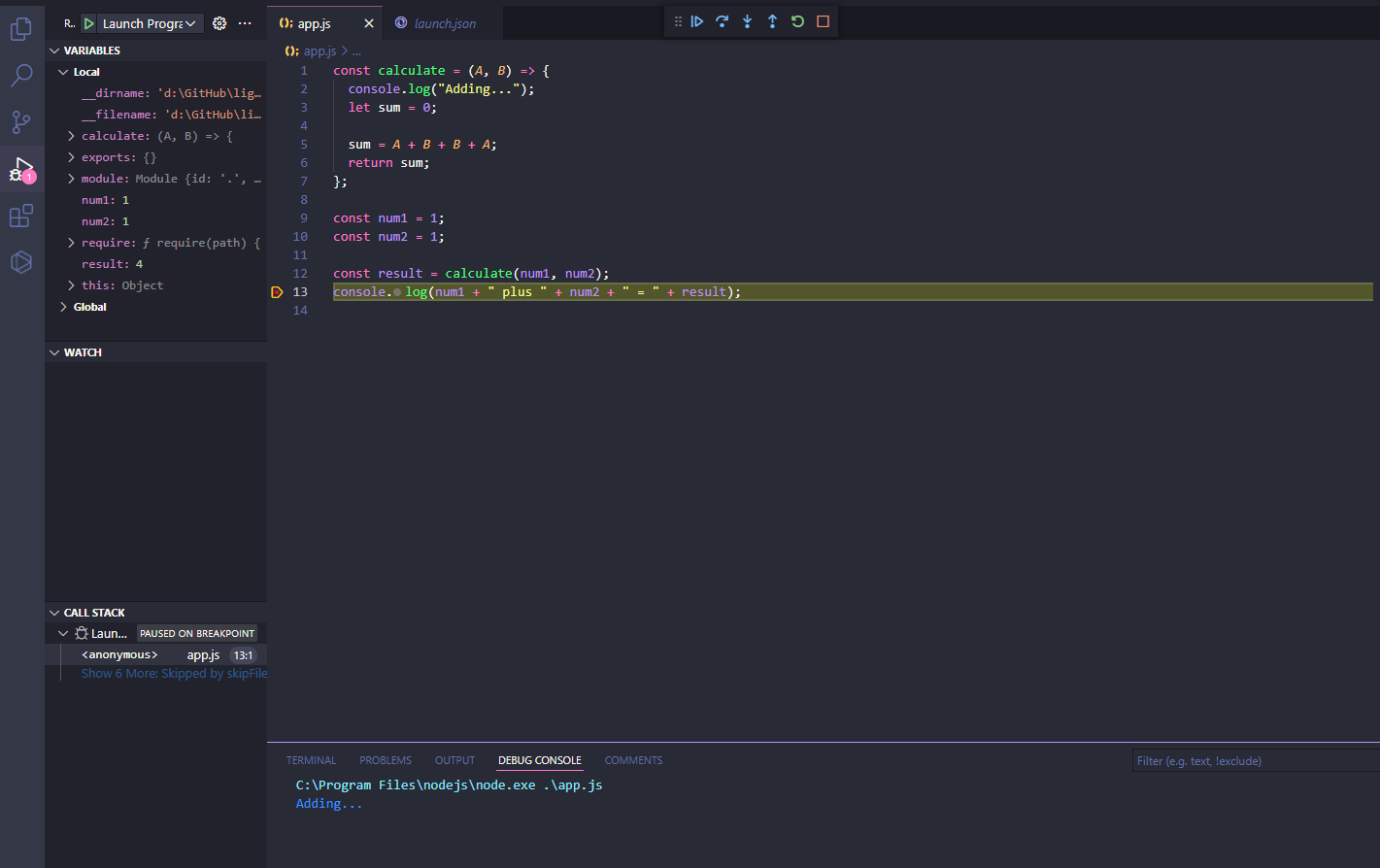 Node.js local variables shown in VSCode debugger